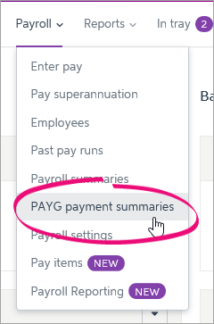 Payroll menu clicked with PAYG payment summaries option highlighted