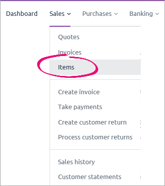 sales menu with items command highlighted