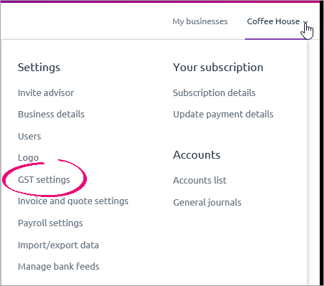 settings menu with GST settings highlighted