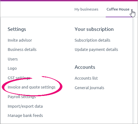 settings menu with invoice and quote settings highlighted