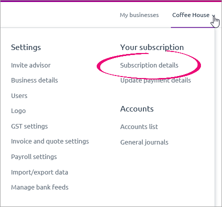 settings menu with subscription details highlighted