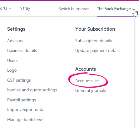 Settings menu with accounts list highlighted