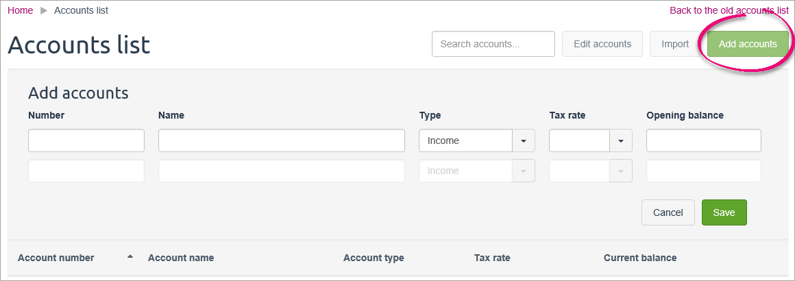 Accounts list page with add account button highlighted