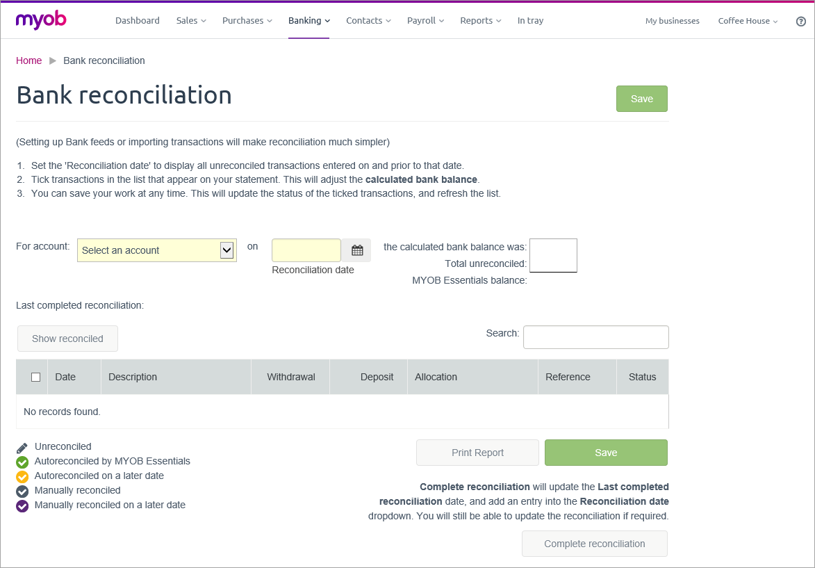 Bank reconciliation page