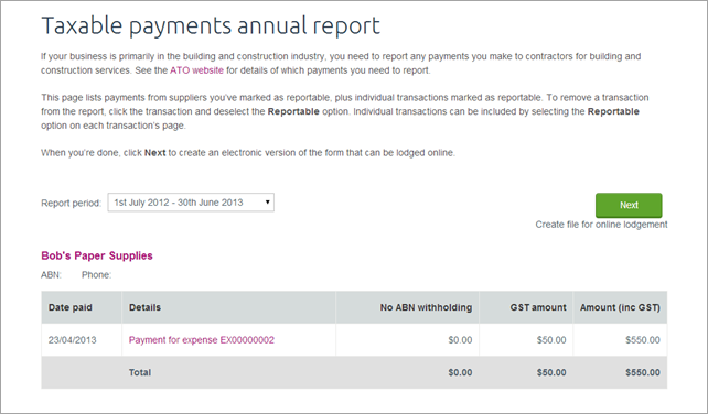 Example taxable payments annual report