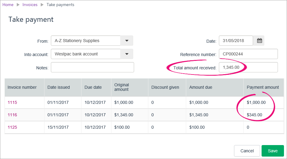 Take payment page with payment applied to 2 invoices