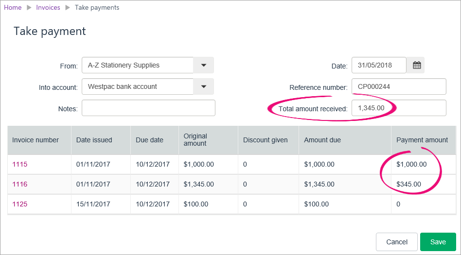Take payment page with payment applied to 2 invoices Take payment page with payment applied to 2 invoices