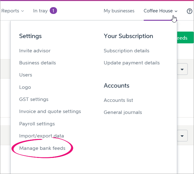 business name clicked with manage bank feeds highlighted business name clicked with manage bank feeds highlighted