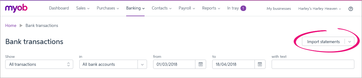 Bank transactions page with import statements button highlighted Bank transactions page with import statements button highlighted
