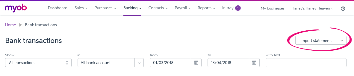 Bank transactions page with import statements button highlighted