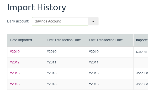 Import history page showing dates as years