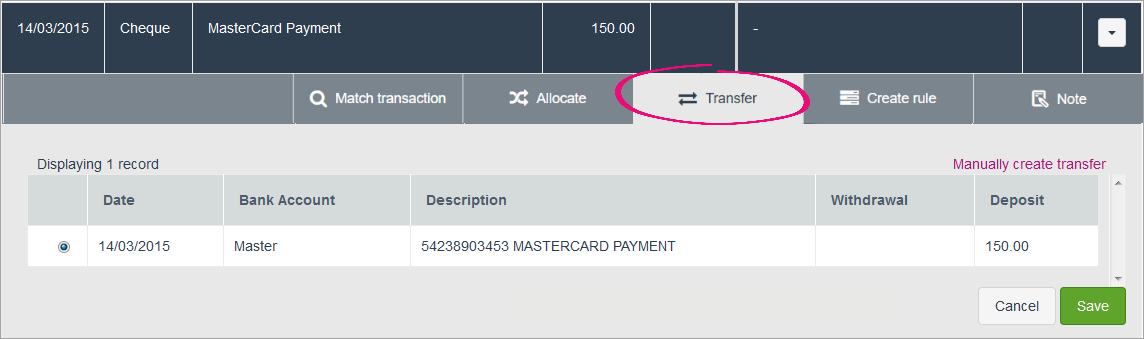 Expanded transaction with transfer tab highlighted