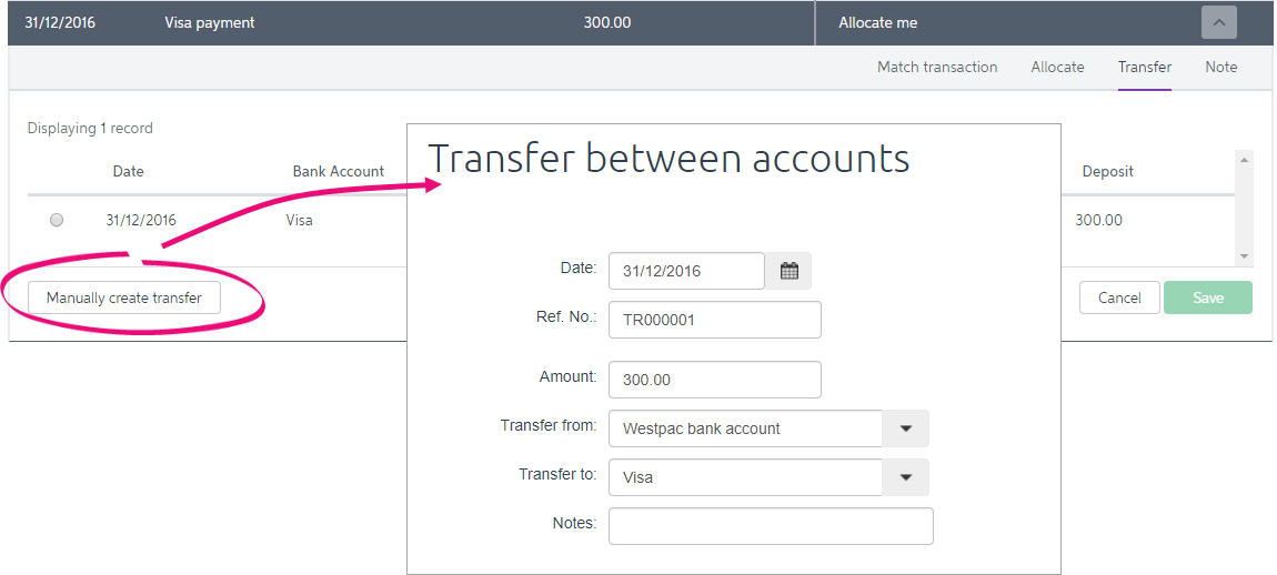 Transfer between accounts window with manually create transfer highlighted