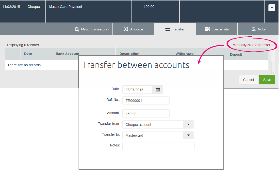 Transfer tab with manually create transfer highlighted