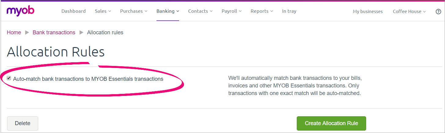 Allocation Rules page with auto-match option selected Allocation Rules page with auto-match option selected