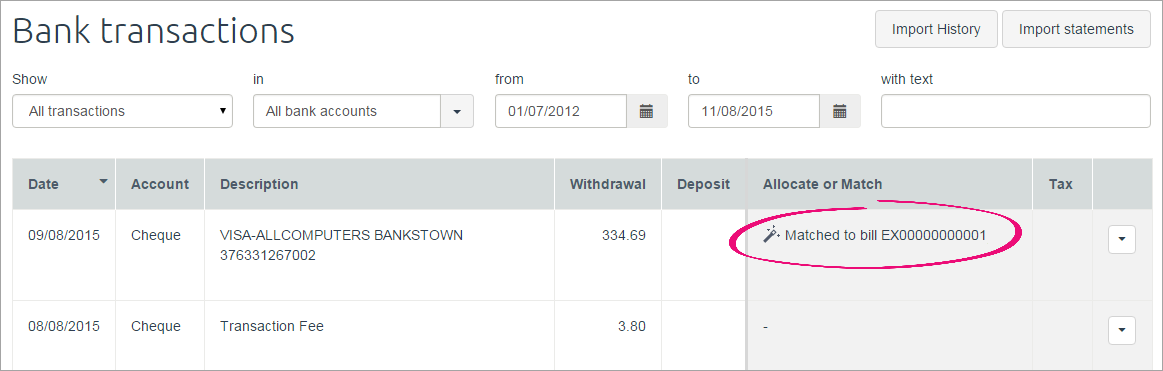 Auto matched transaction with wand icon Auto matched transaction with wand icon