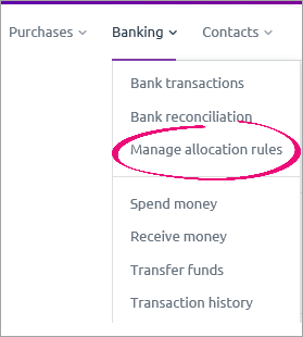 Banking menu showing manage allocation rules option
