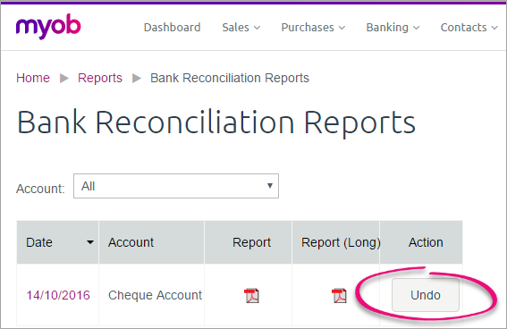Bank Reconciliation Reports page with undo button highlighted