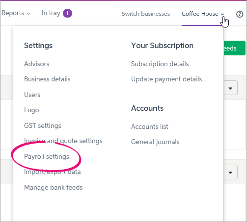 Business name clicked with payroll settings option highlighted