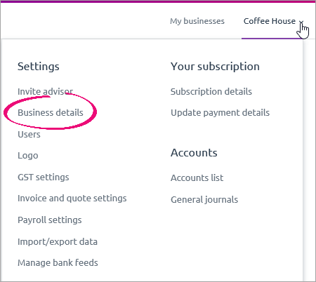 Settings menu with business details highlighted