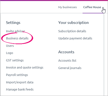 Settings menu with business details highlighted Settings menu with business details highlighted