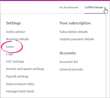 settings menu with users highlighted settings menu with users highlighted