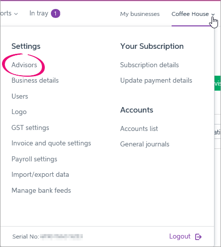 Business name clicked with advisors option highlighted