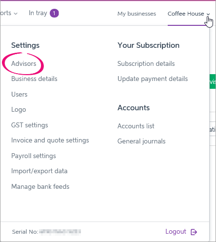 Business name clicked with advisors option highlighted Business name clicked with advisors option highlighted