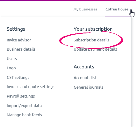 settings menu with subscription details highlighted settings menu with subscription details highlighted
