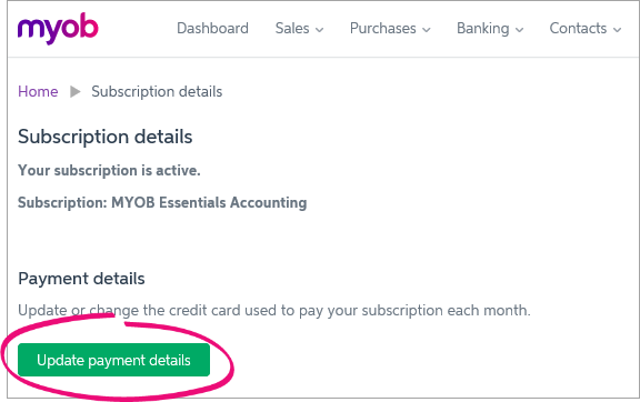 Update payment details button highlighted