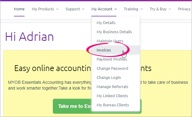 My account menu with invoices option highlighted