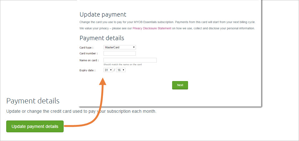 Update payment details button and popup window