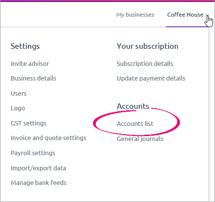 Settings menu with accounts list highlighted