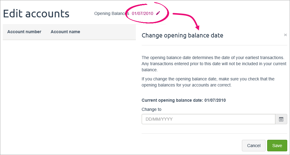 change opening balance date popup window