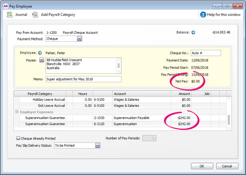 Pay employee window with zero net pay and super amount entered