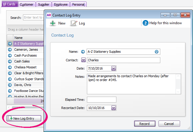 Click New Log Entry to add details of your conversations with a contact. Click New Log Entry to add details of your conversations with a contact.