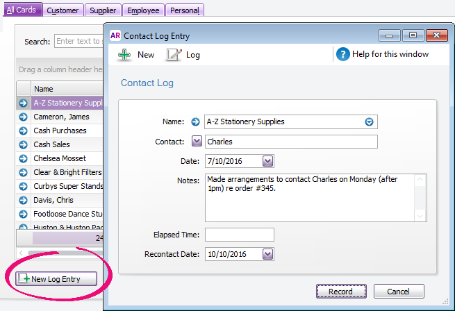 Click New Log Entry to add details of your conversations with a contact.