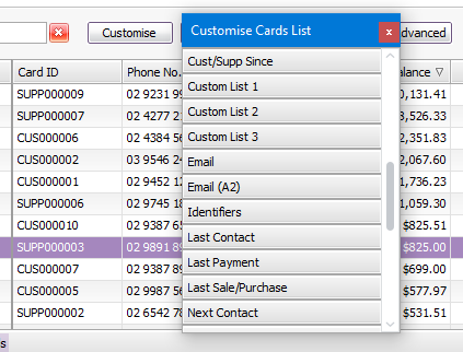 The Customise Cards List panel shows which columns can be added to the Cards List window.
