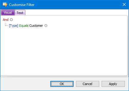 Customise Filter window
