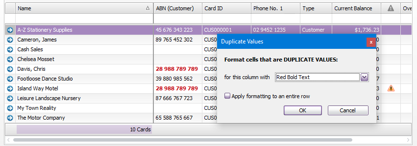 Condition showing duplicate ABNs Condition showing duplicate ABNs