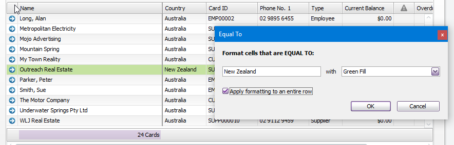 Condition used to highlight all New Zealand-based cards Condition used to highlight all New Zealand-based cards