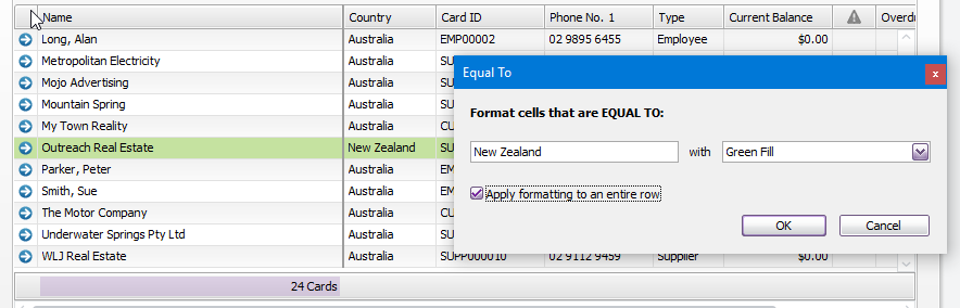 Condition used to highlight all New Zealand-based cards