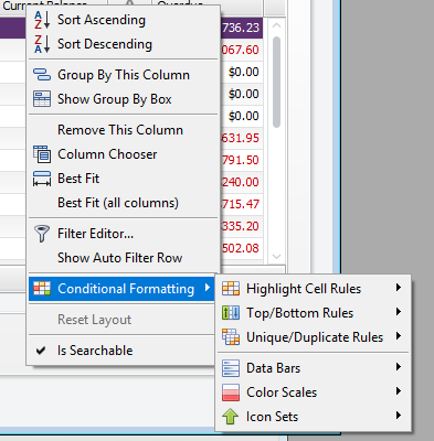 Conditional formatting options available when right-clicking a column header