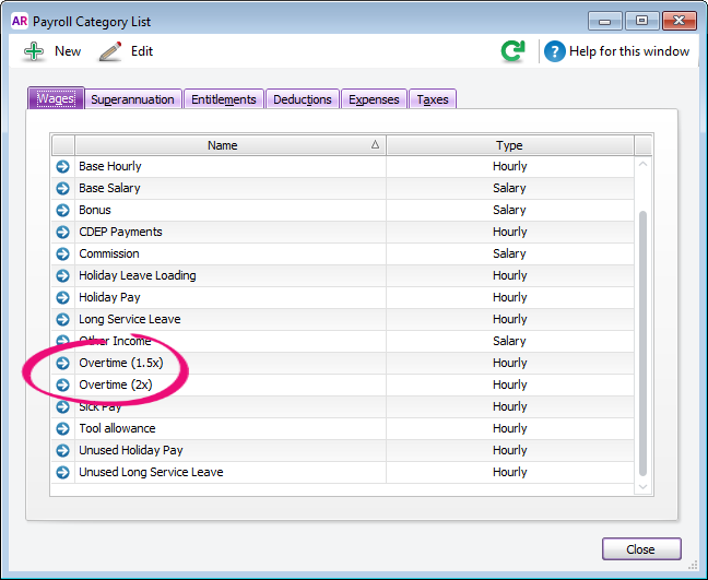 wages tab with default overtime categories highlighted