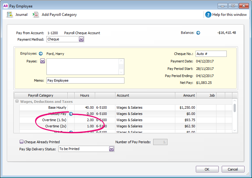 example pay with overtime hours entered