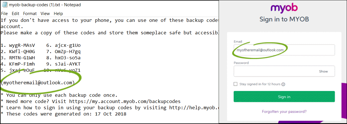 Check that the email address in your backup code file matches the email address of your MYOB login 