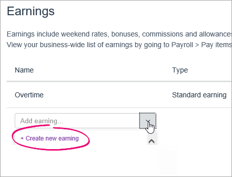 Add earning clicked with create new earning highlighted