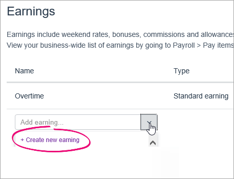 Add earning clicked with create new earning highlighted Add earning clicked with create new earning highlighted