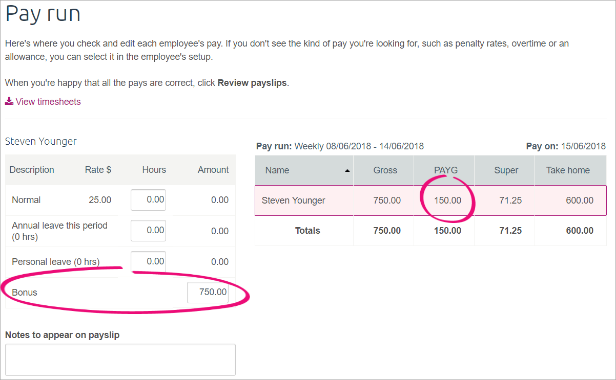 bonus and payg fields highlighted in the pay run