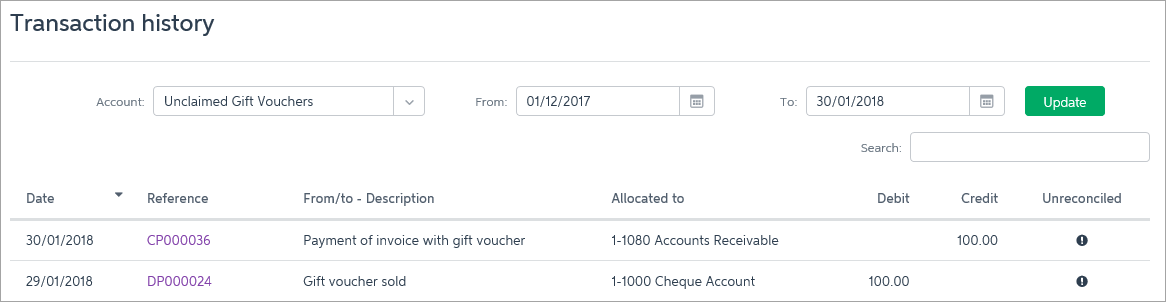 transactions shown for the chosen account